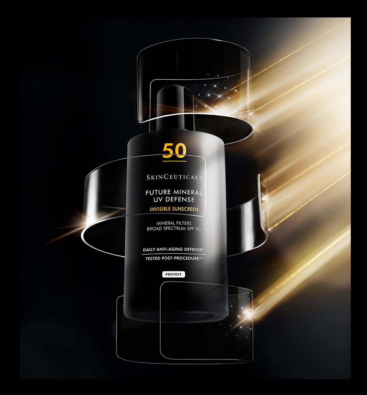 SkinCeuticals Future Mineral UV Defense bottle with golden light streaks reflecting off the packaging