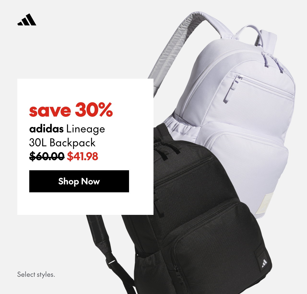 adidas Lineage 30L Backpack
save 30%
60.00 (Strikethrough)
41.98
Select styles.