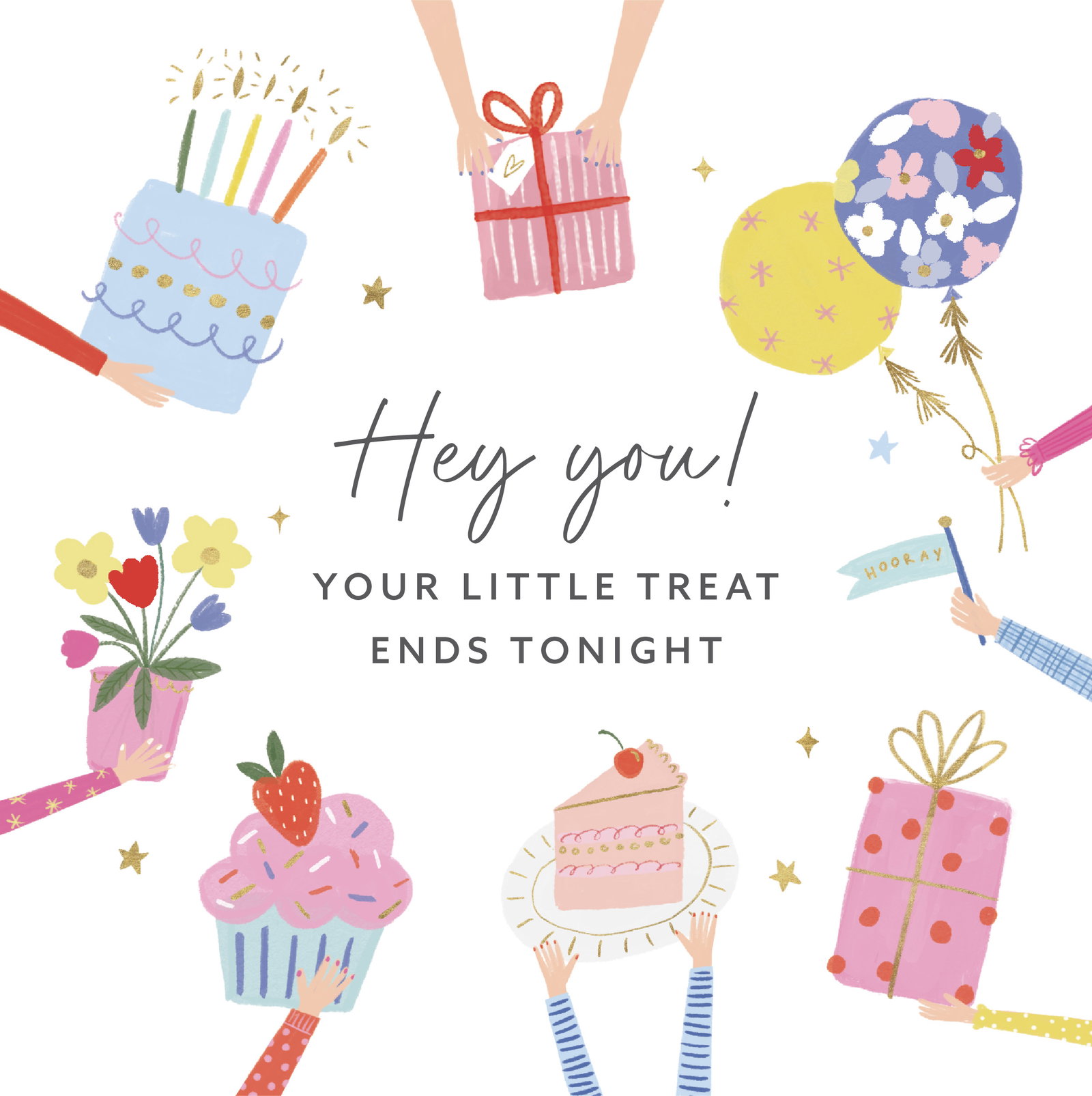 Illustrated celebration scene with birthday cake, gifts, balloons, flowers and treats surrounding the message "Your little treat ends tonight" from Whistlefish.