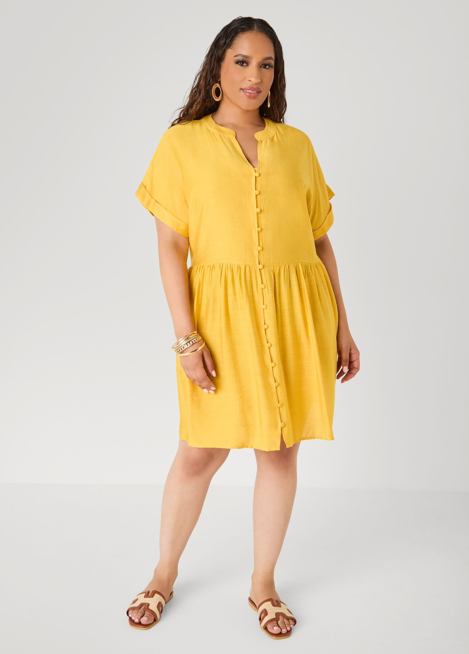 Cuffed V Neck Babydoll Dress