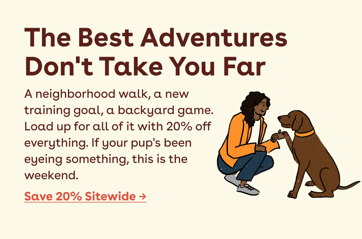A neighborhood walk, a new training goal, a backyard game. Load up for all of it with 20% off everything. If your pup's been eyeing something, this is the weekend.