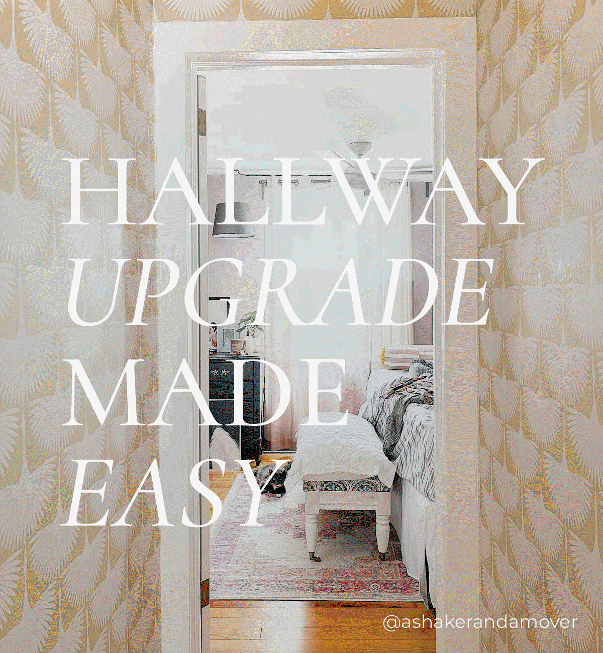 Gif image showing various Tempaper wallpapers installed in hallways. Text overlay "Hallway upgrade made easy"