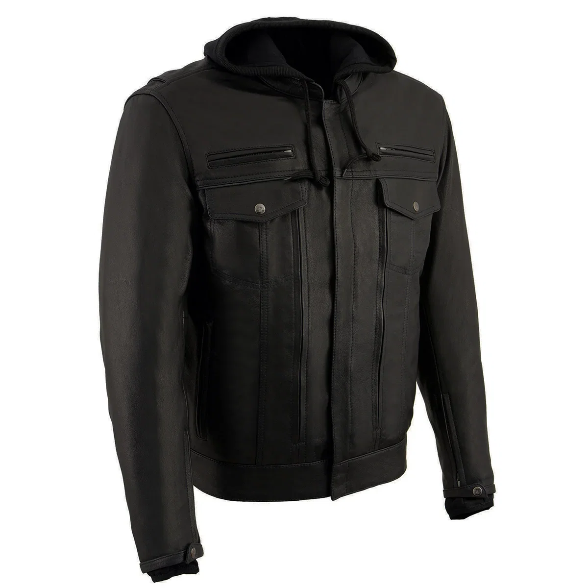 Image of Milwaukee Leather MLM1537 Men's Black Leather ‘Utility Pocket’ Vented Jacket with Removable Hoodie