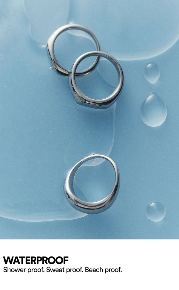 Waterproof rings displayed on blue surface with water droplets