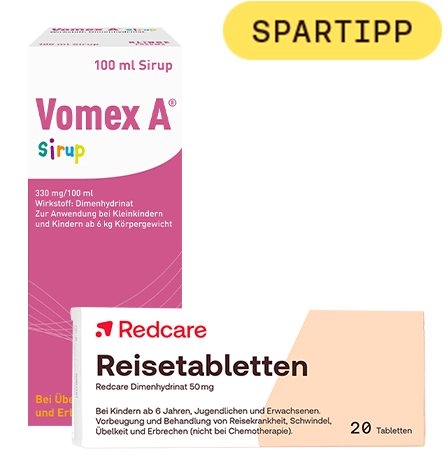 Vomex A Sirup und Redcare Reisetabletten zur Vorbeugung und Behandlung von Reiseübelkeit und Erbrechen.