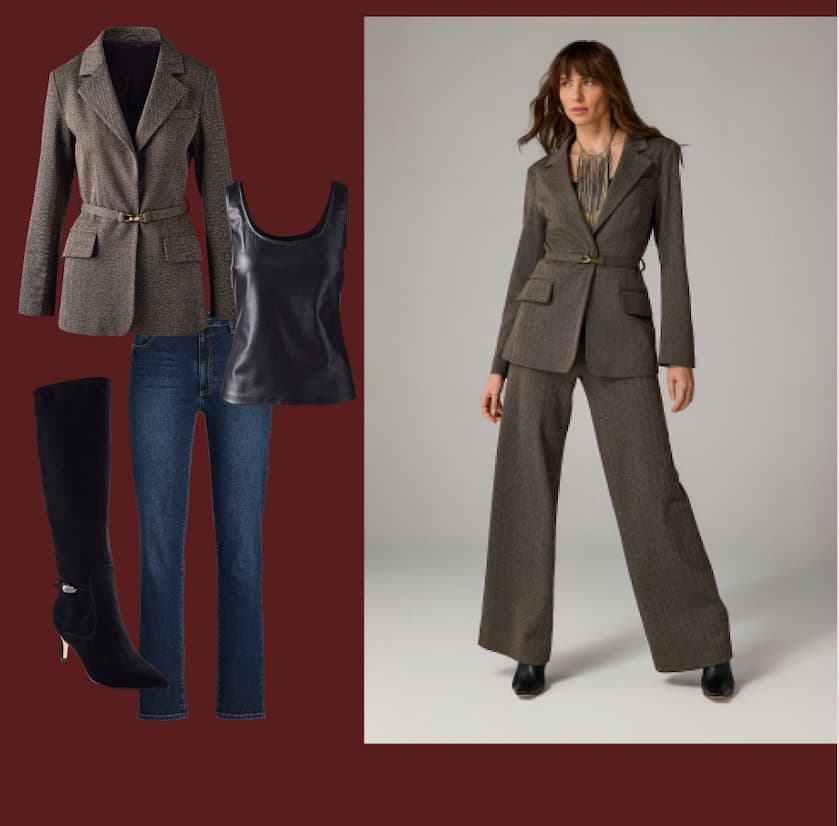 Stretch Jacquard Herringbone Belted Boyfriend Blazer