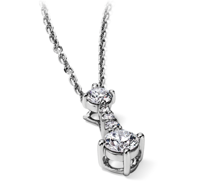 A white gold pendant necklace with two round diamonds in a vertical drop design.