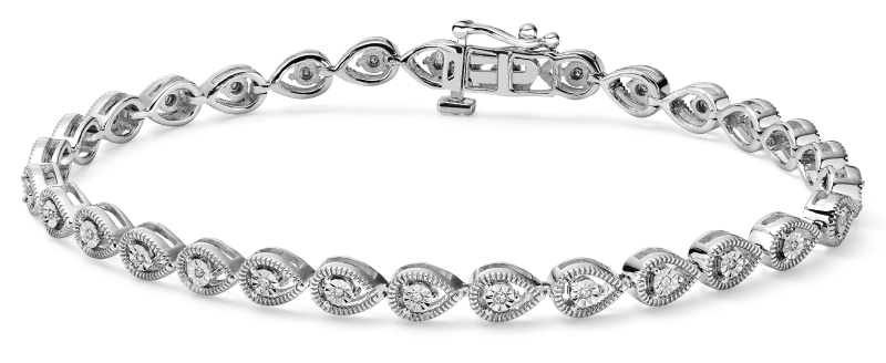 A white gold bracelet with pear-shaped diamond links and milgrain detailing.