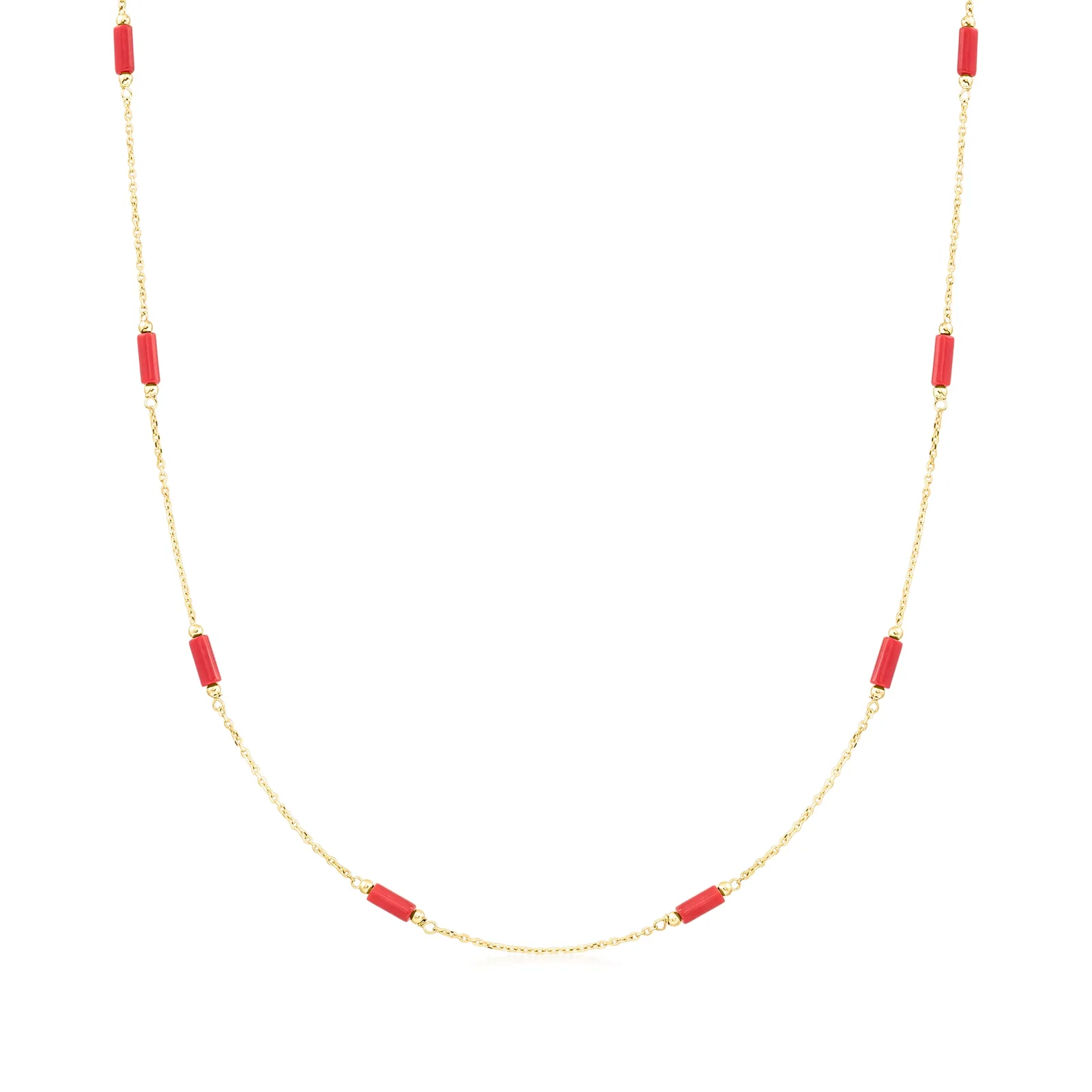 Image of Italian Red Coral Bead Station Necklace in 18kt Yellow Gold