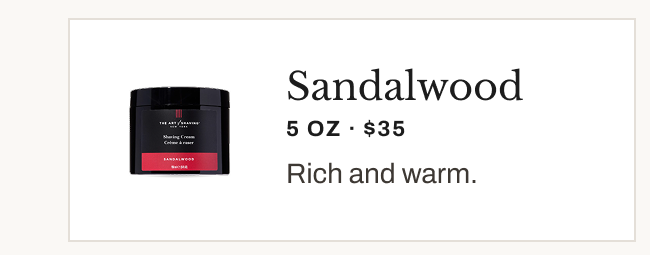 Product image of Sandalwood Shaving Cream, described as rich and warm.