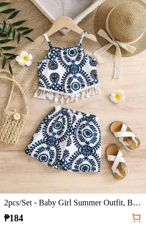 2pcs/Set - Baby Girl Summer Outfit, Blue & White Vintage Pattern 2-Piece Set, Tassel Camisole + Matching Shorts, Vacation Style Eye-Catching Cute Outfit