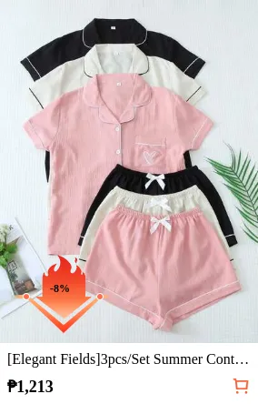 [Elegant Fields]3pcs/Set Summer Contrast Trim Polo Collar Pocket Heart Print Short Sleeve Button Top And Bow Shorts Women Pajamas & Loungewear Set