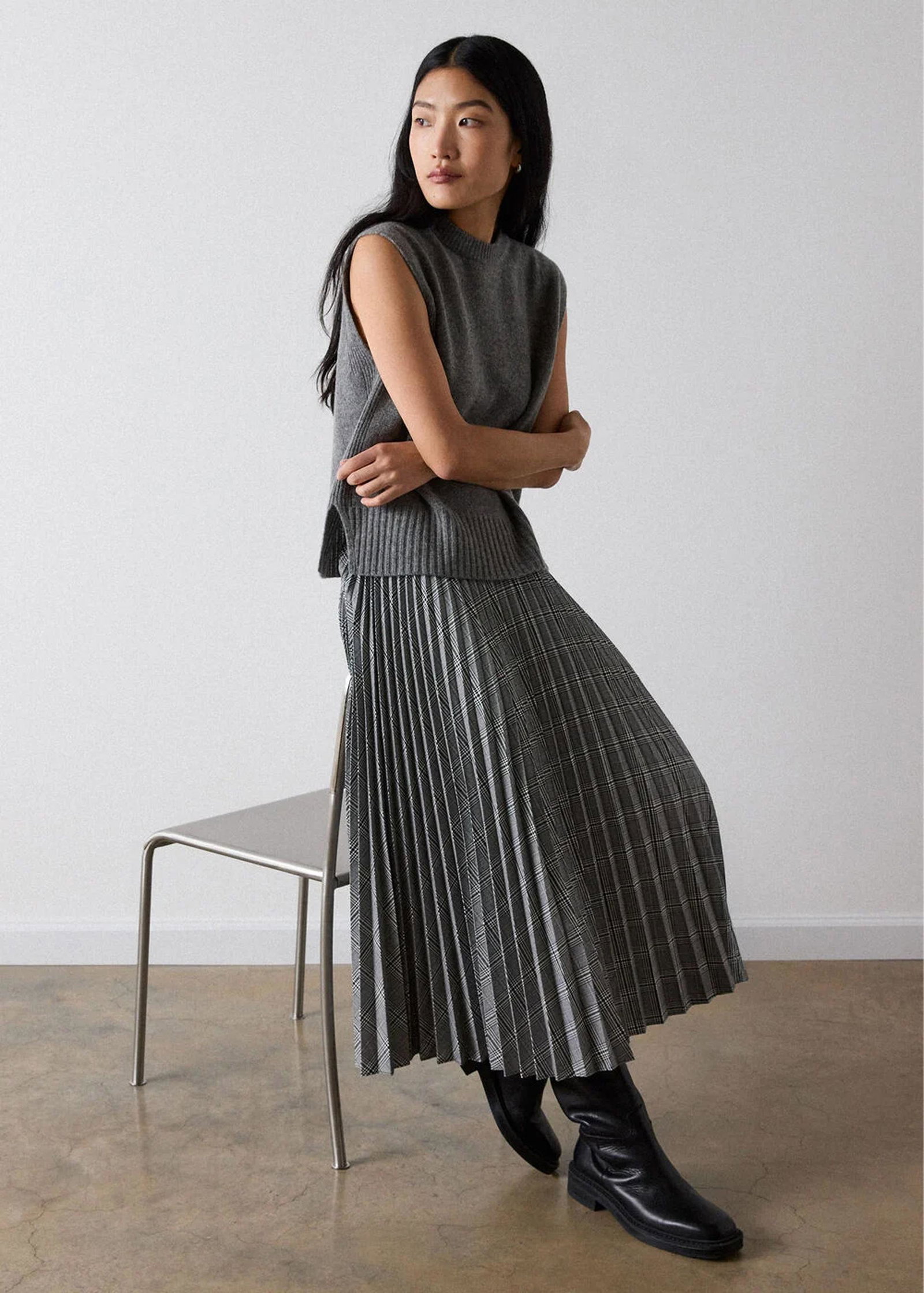 Grey Check Pleated Midi Skirt