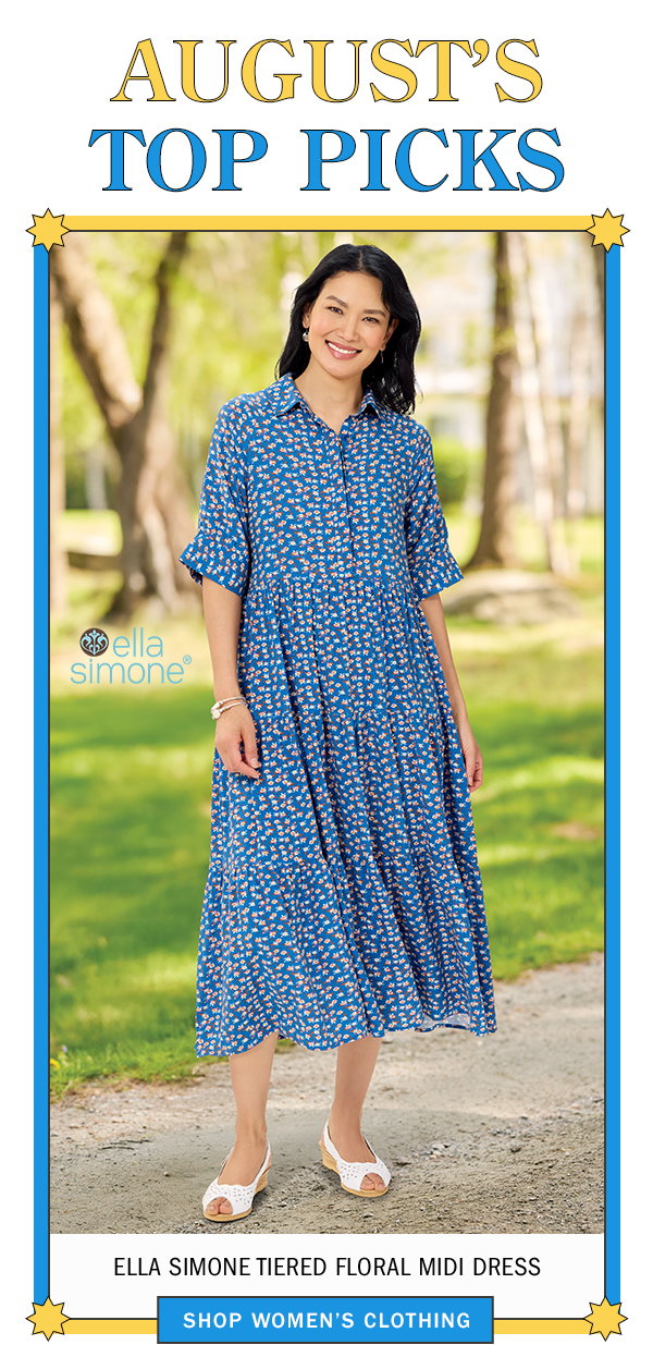 August's Top Picks. Ella Simone Tiered Floral Midi Dress. Shop Women's Clothing. Ella Simone Tiered Floral Midi Dress