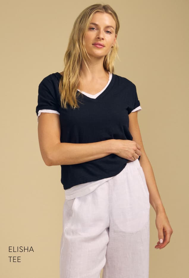 Image of model wearing Elisha in Black, layered.