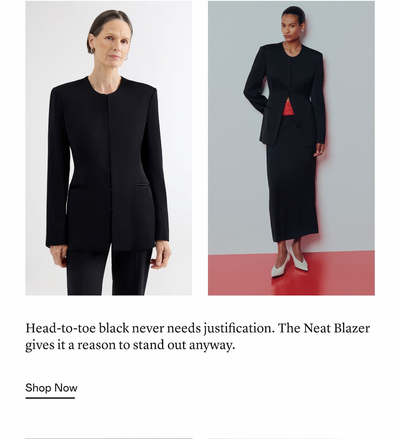 Head-to-toe black never needs justification. The Neat Blazer gives it a reason to stand out anyway.