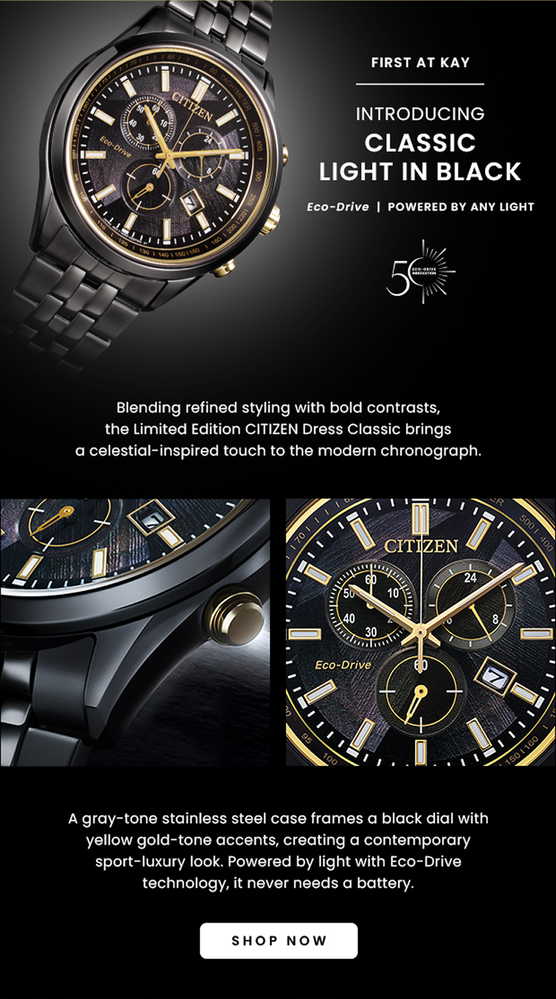 Black Citizen Eco-Drive chronograph with gold-tone accents and black bracelet. Classic light in black. Click shop now.