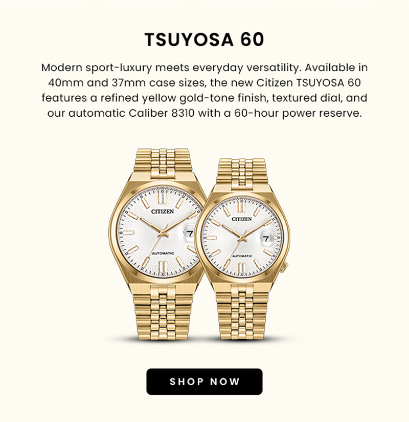 Two gold-tone Citizen automatic watches with white dials and date windows. Click shop now.