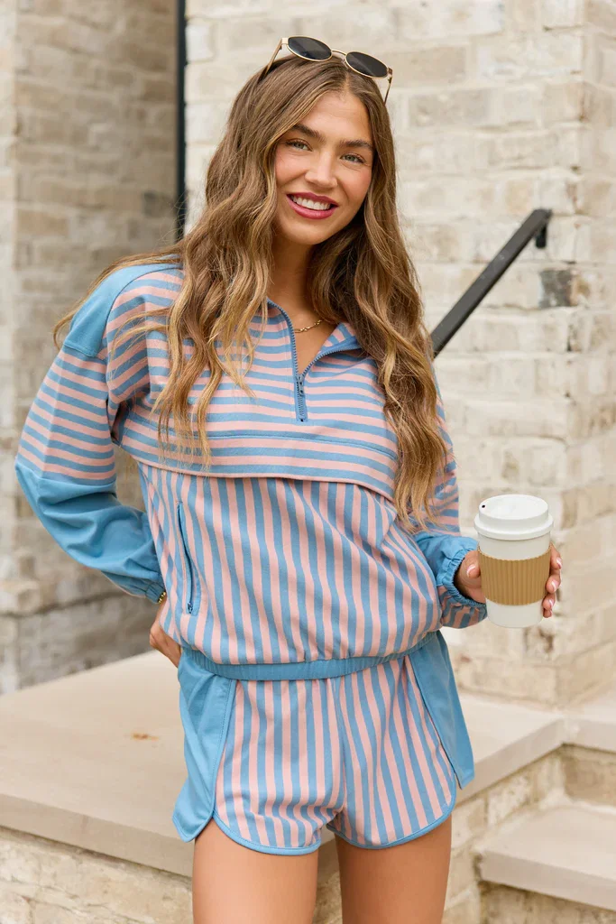 Image of Mallory Blue And Mauve Striped Pullover
