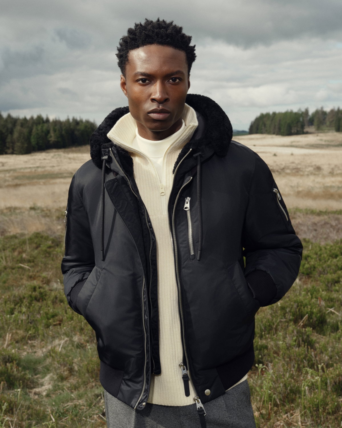 AUGUST-Z bomber jacket with shearling-trimmed hood