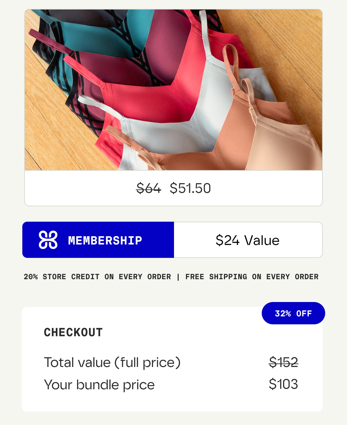 $51.50 | MEMBERSHIP | $24 Value | 20% STORE CREDIT ON EVERY ORDER | FREE SHIPPING ON EVERY ORDER | 32% OFF | CHECKOUT | Total value (full price) | $152 | Your bundle price | $103