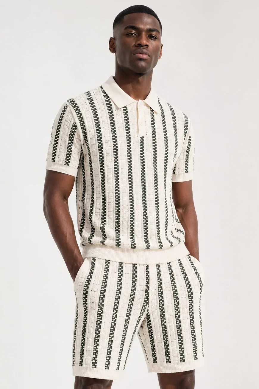 Image of Striped Knit Polo Shirt