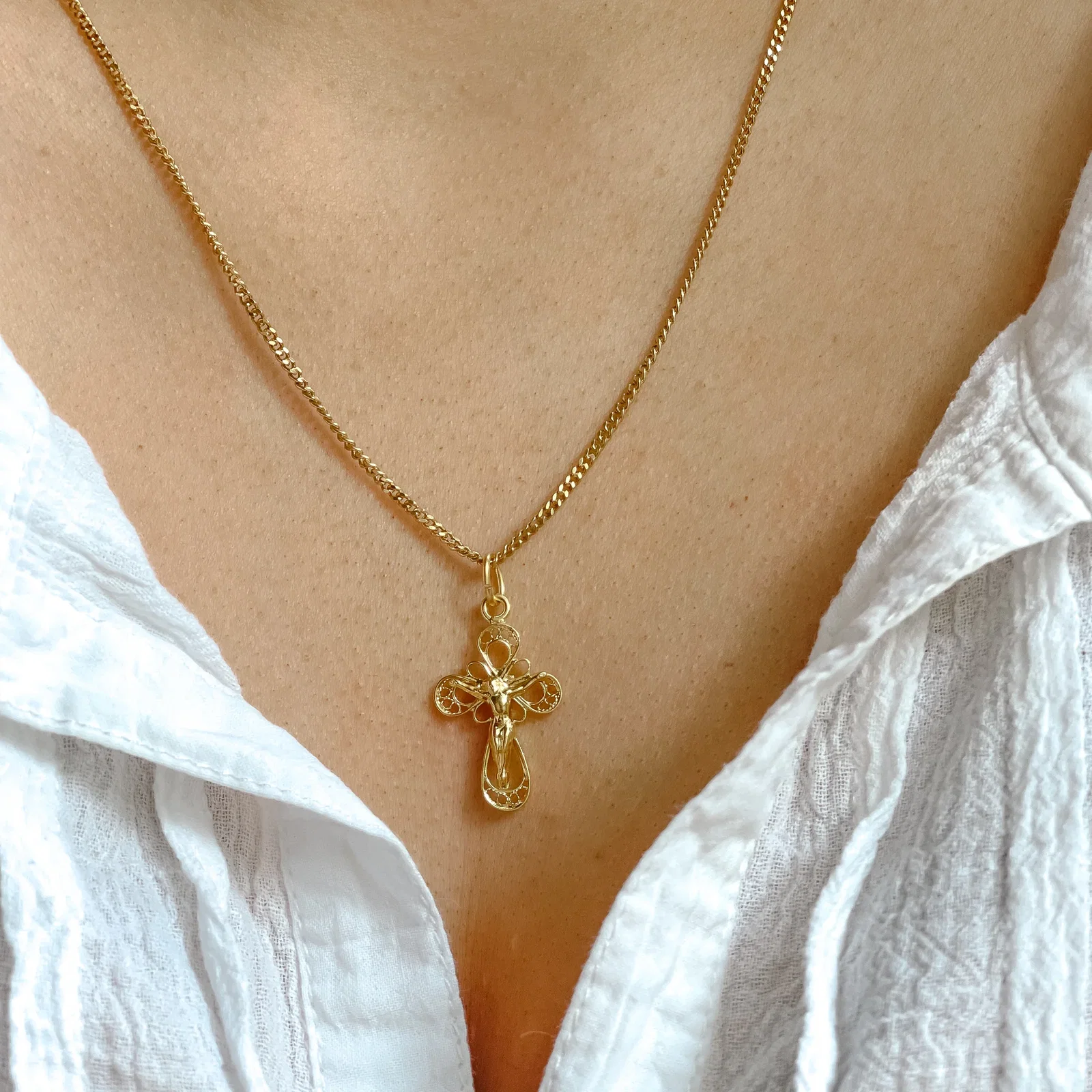 Petite Gold Over Silver Filigree Crucifix Necklace