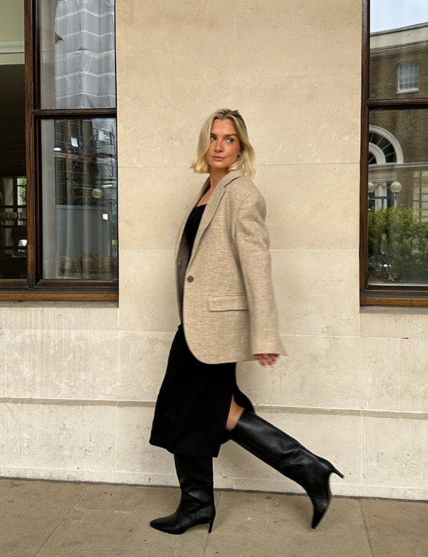 @sarahconleyx wearing a JAEGER Pure Wool Tailored Jacket with a black dress and pair of boots