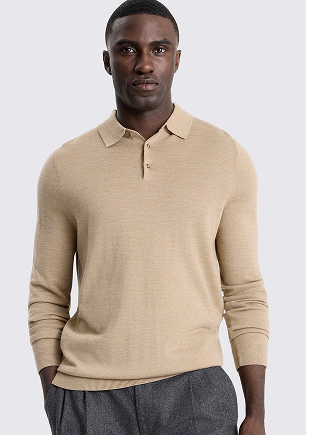 Camel Merino Long-Sleeve Polo Shirt