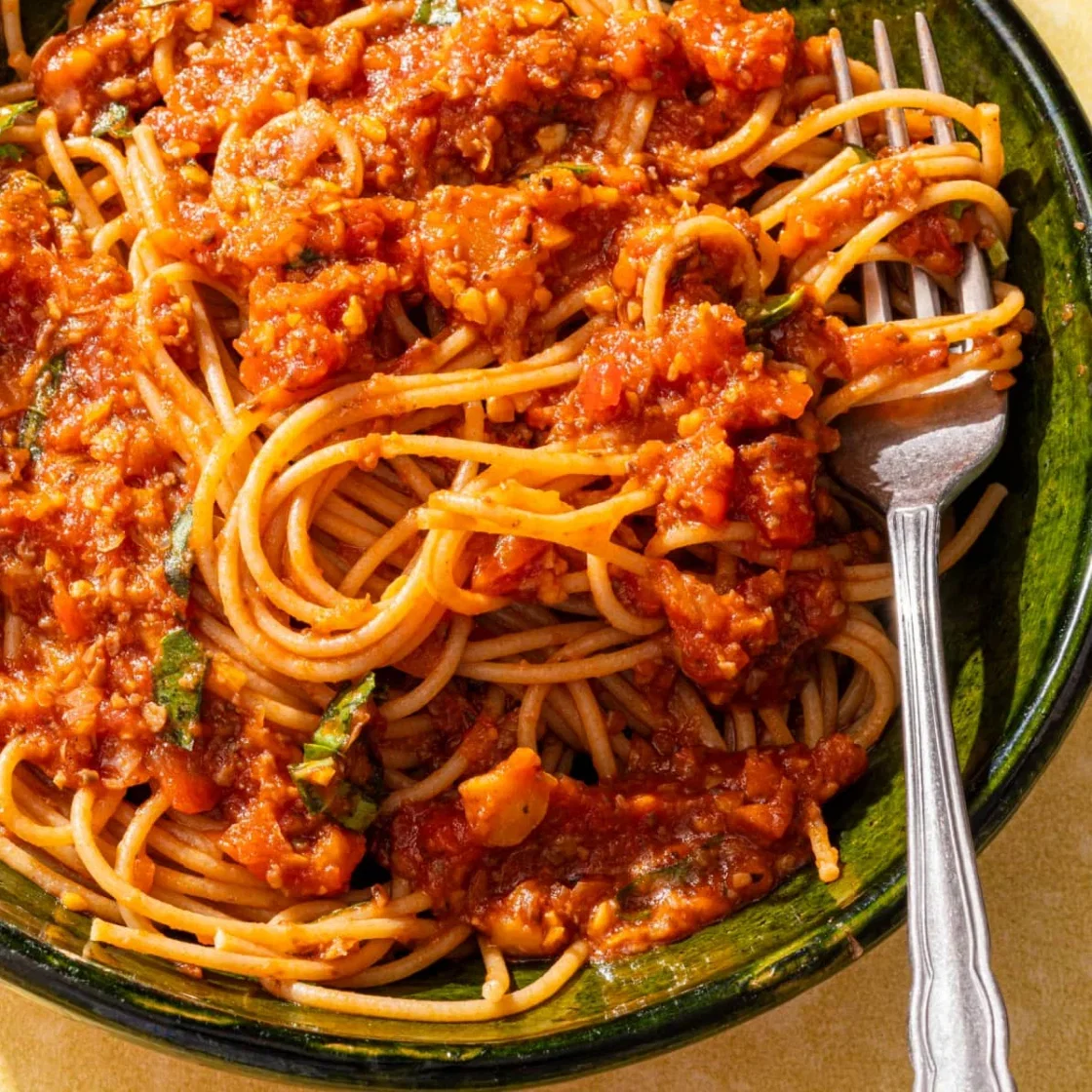 Meatless “Meat” Sauce with Chickpeas and Mushrooms