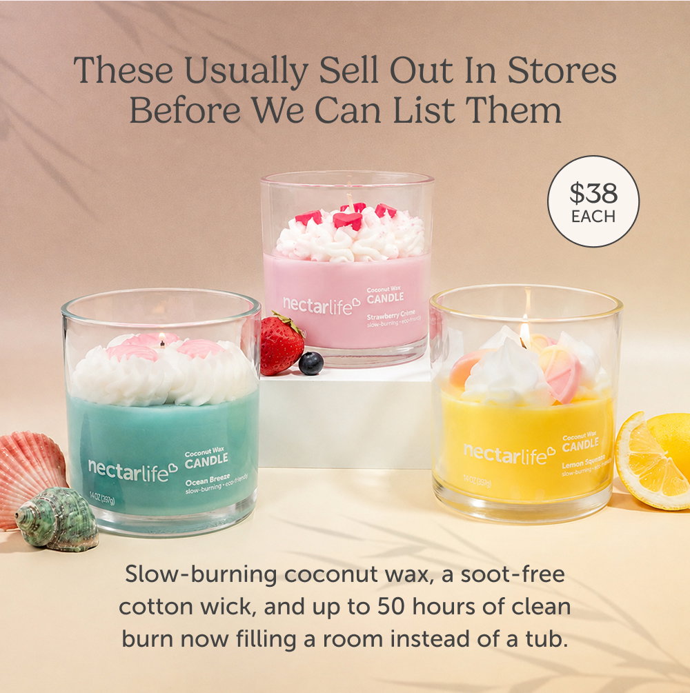 These usually sell out in stores before we can list them. Slow-burning coconut wax, a soot-free cotton wick, and up to 50 hours of clean burn now filling a room instead of a tub.