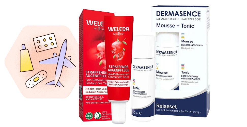 Produkte von Weleda und Dermasence zur Augen- und Gesichtspflege, ergänzt durch eine Illustration rund um Reise und Gesundheit.