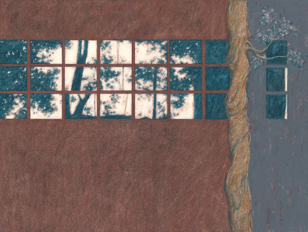 trees through window painting