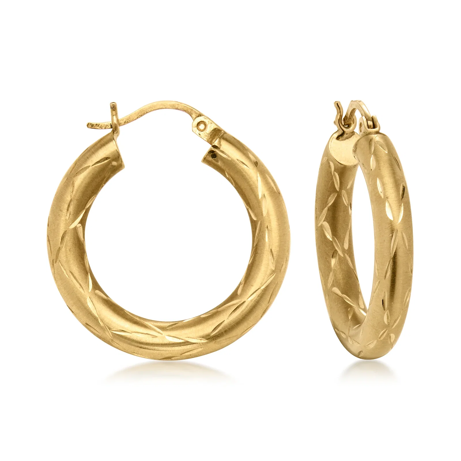 Image of C. 1990 Vintage 14kt Yellow Gold Etched Hoop Earrings. 1"