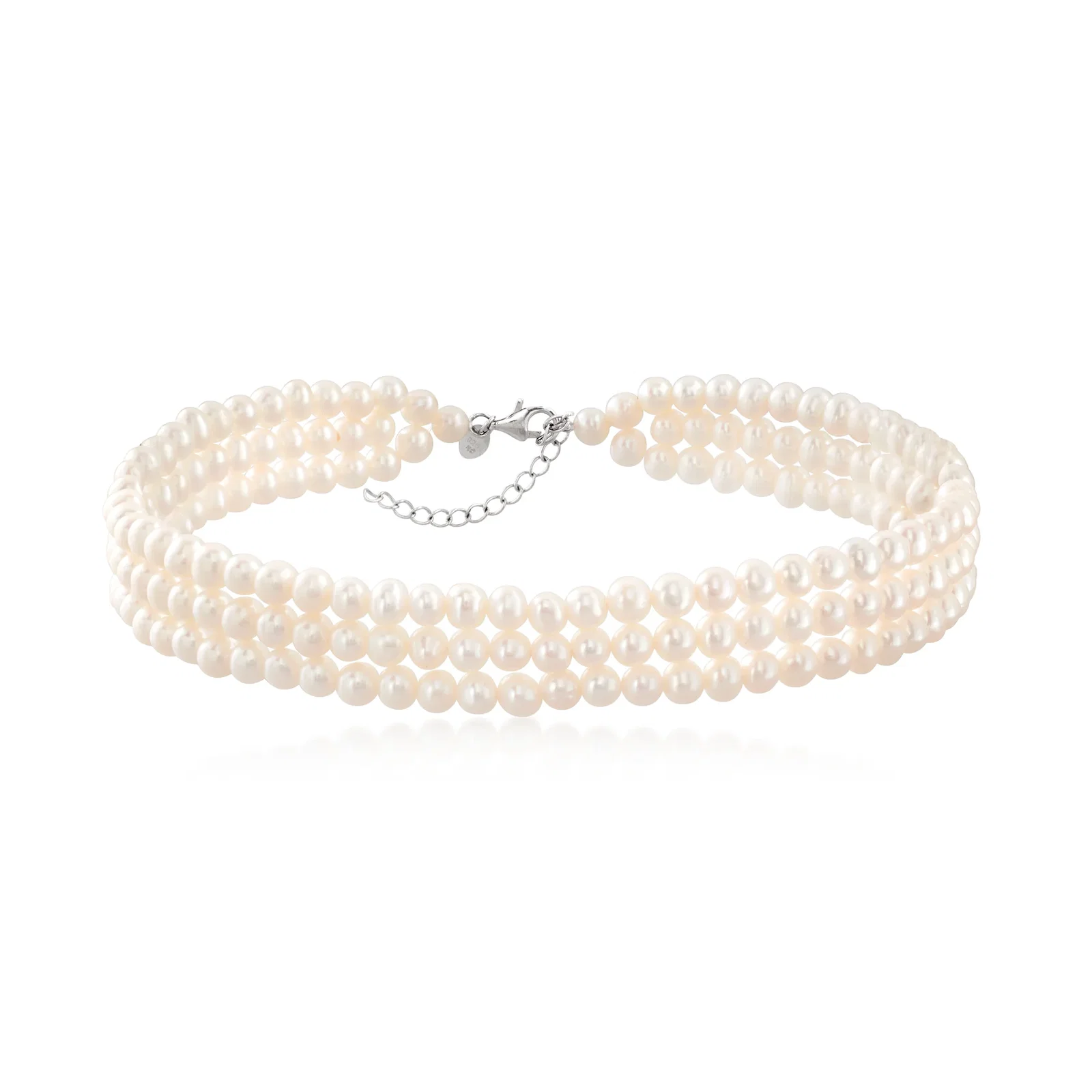 Image of 5-6mm Cultured Pearl Three-Row Choker Necklace in Sterling Silver. 14"