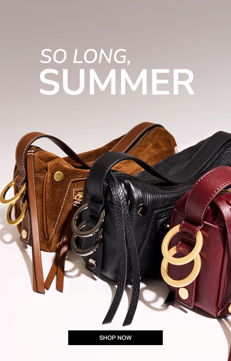 SO LONG, SUMMER. SHOP NOW. Image of Doxie bags in three different enw fall colors.