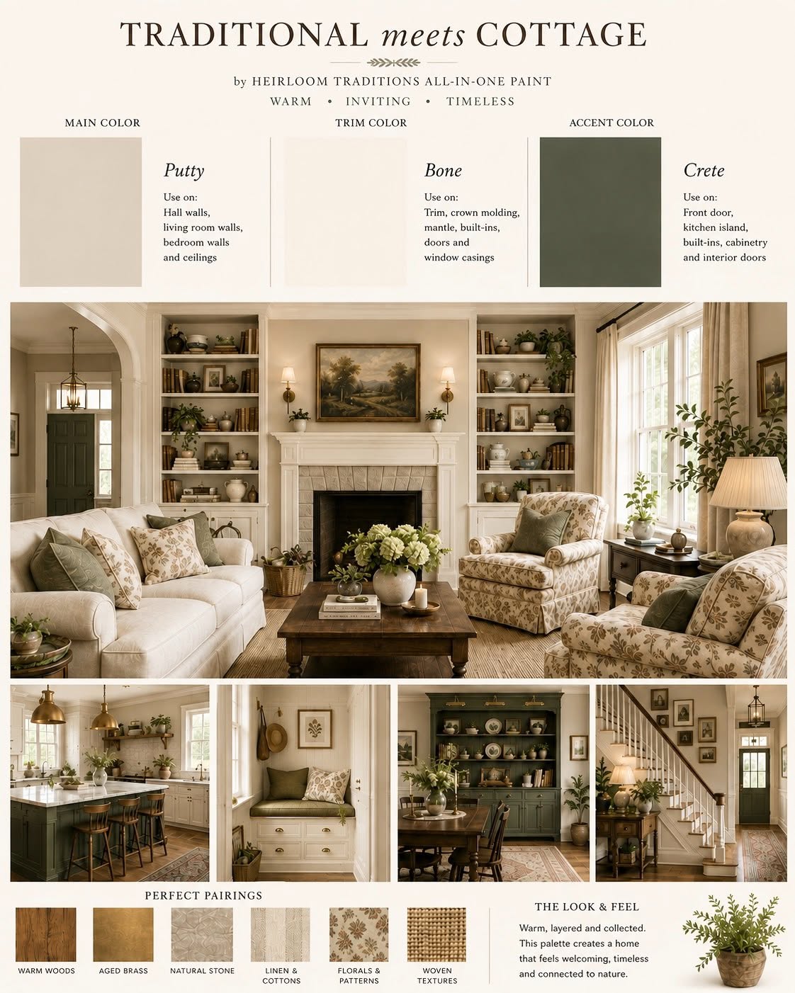 Traditional Meets Cottage color palette featuring Putty, Bone, and Crete ALL-IN-ONE Paint in warm, timeless interiors
