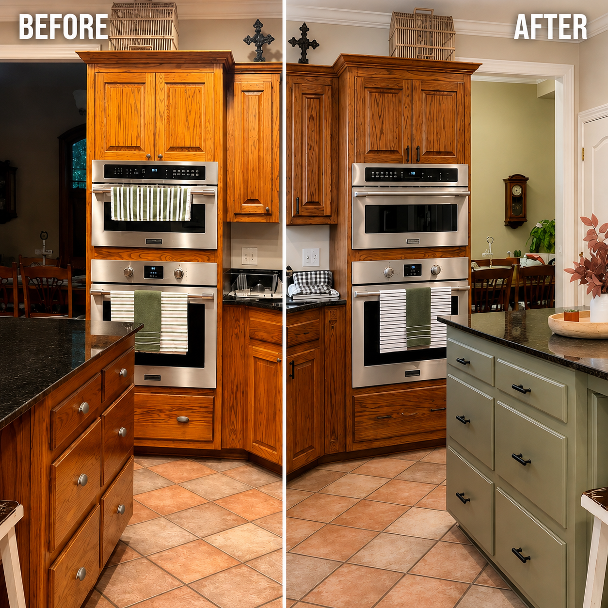 Before and after kitchen cabinets transformed with Miracle Veil Gold Toner, reducing golden tones while preserving the natural wood grain.