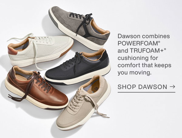 Five Dawson sneakers in white, gray, black, brown, and taupe displayed on a white background. Text reads: 