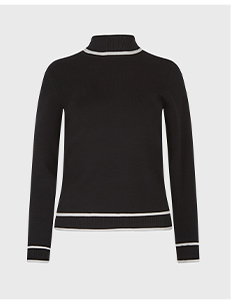 Deep Black Mock Neck Knit Top With Crisp White Trim