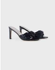 Black Leather Slip-On Heel With Flowers