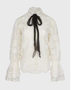 White Sheer Designer Shirt with Embroidered Rosettes