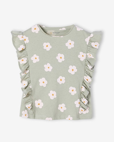 Girl's short-sleeved t-shirt with frills - sage green
