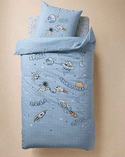 Duvet Cover + Pillowcase Set for Children, with Recycled Cotton Content, Planets - printed blue
