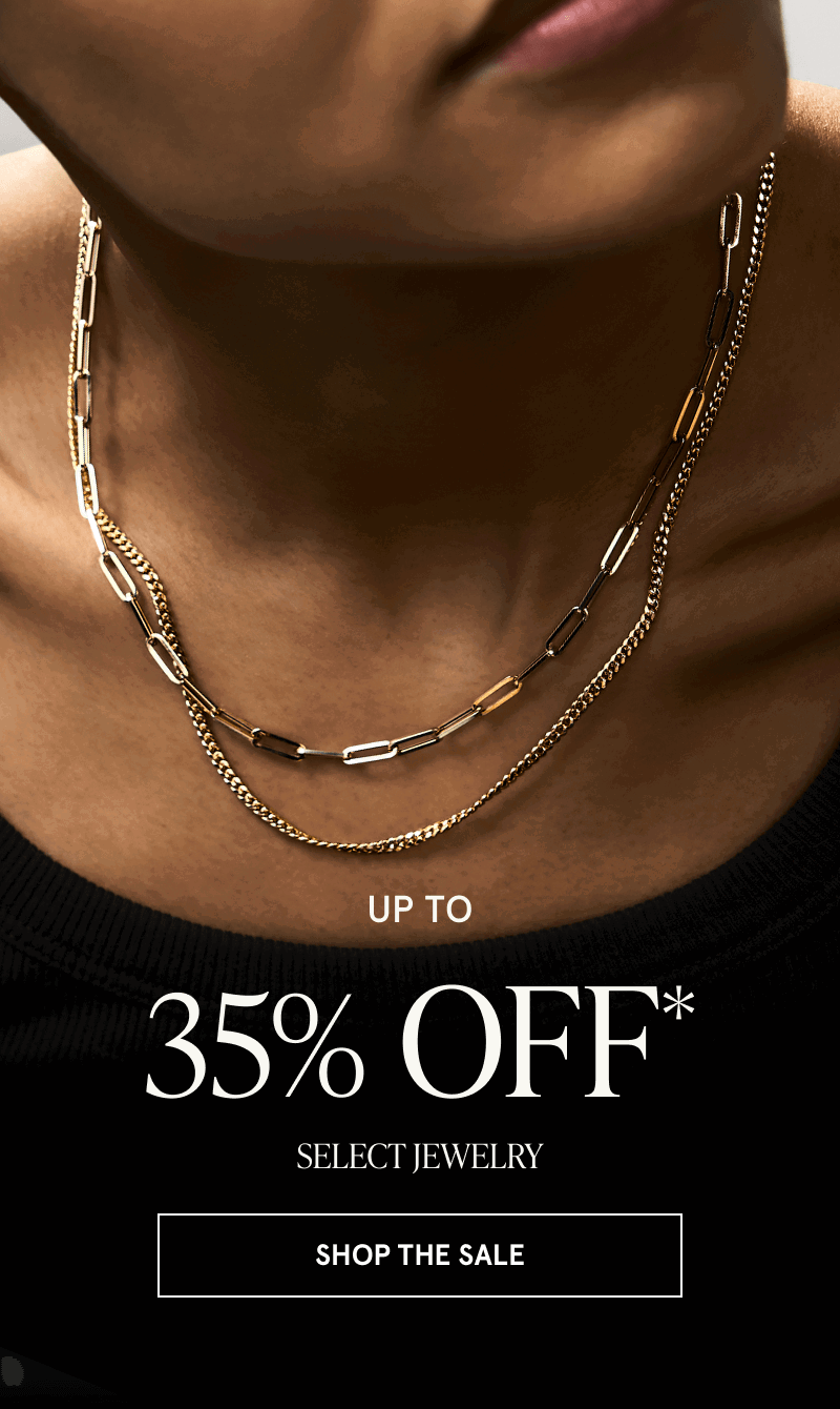 Model’s layered in gold link chain & paperclip necklaces. 35% OFF Select Jewelry. Click here to shop the sale