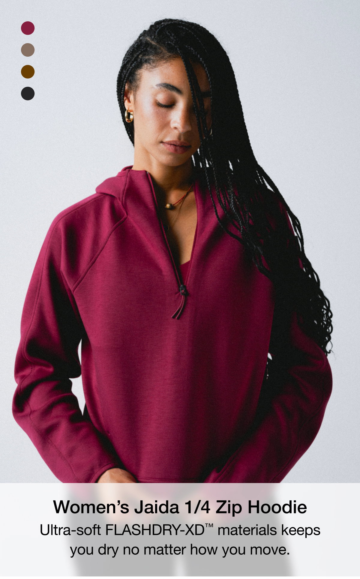 Women's Jaida 1/4 Zip Hoodie. Ultra-soft FLASHDRY-XD materials keeps you dry no matter how you move.