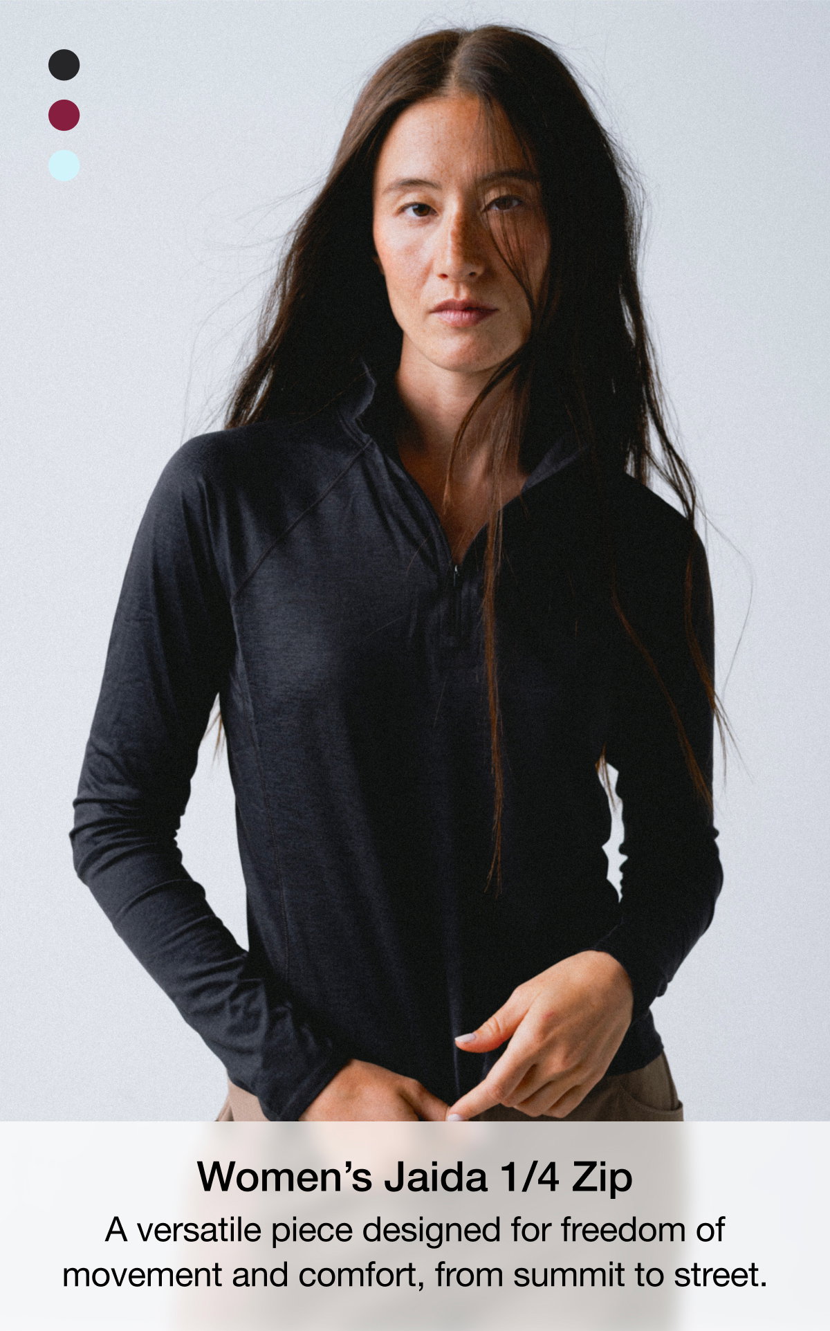 Women's Jaida 1/4 Zip. A versatile piece designed for freedom of movement and comfort, from summit steel.