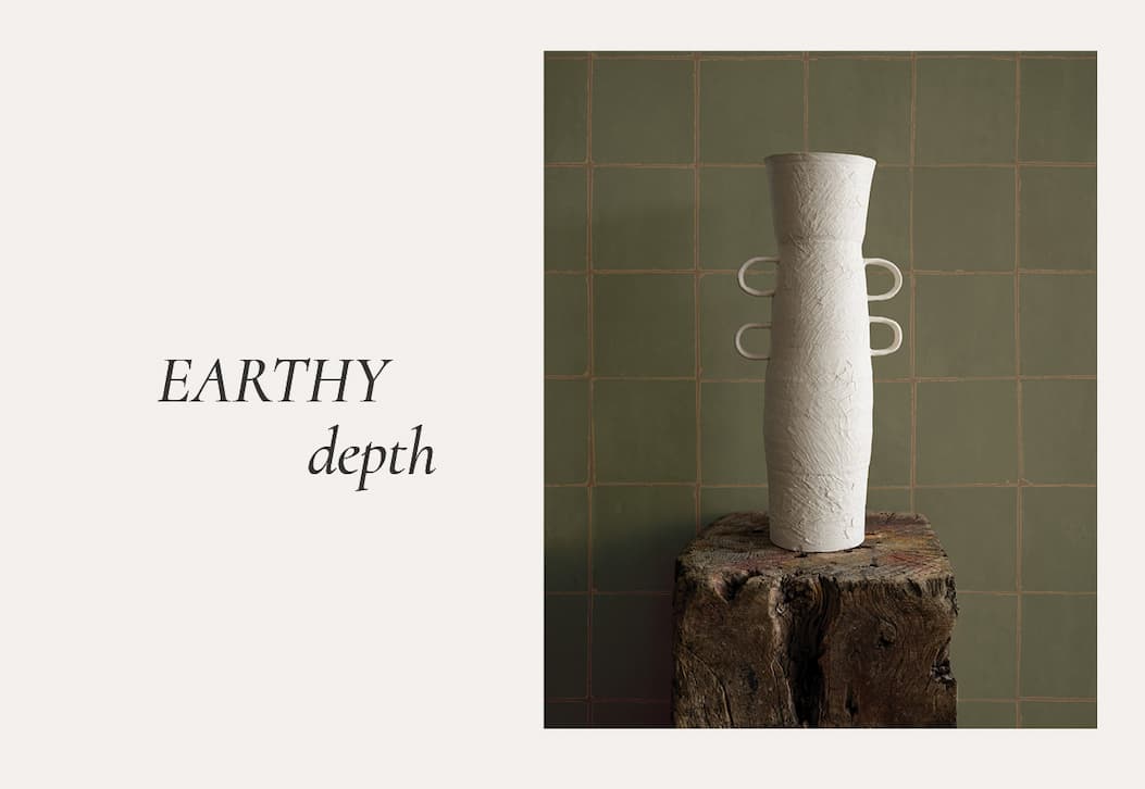 Image of Tempaper's Zellige Tile wallpaper by Jeremiah Brent in green. Text box with "Earthy Depth"