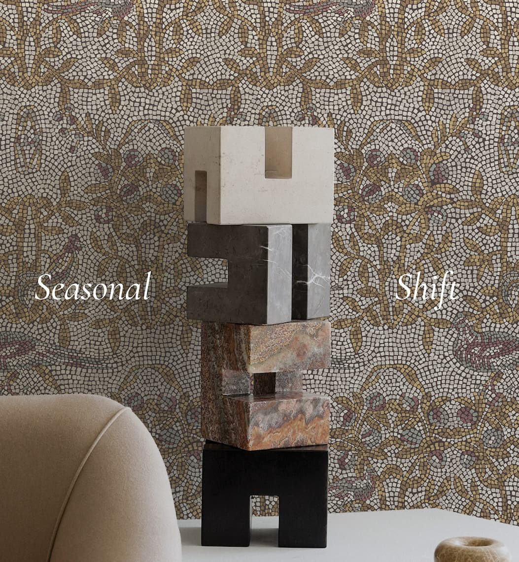Image of Tempaper's Strata Mosaic tile wallpaper by Jeremiah Brent. Text overlay "Seasonal Shift"