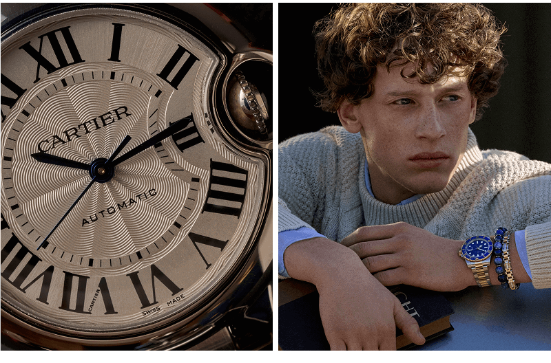 Close-up of Cartier watch face and male model wearing watch and jewelry.